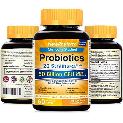 NewRhythm Probiotics 50 Billion CFU 20 Strains, 60 Count